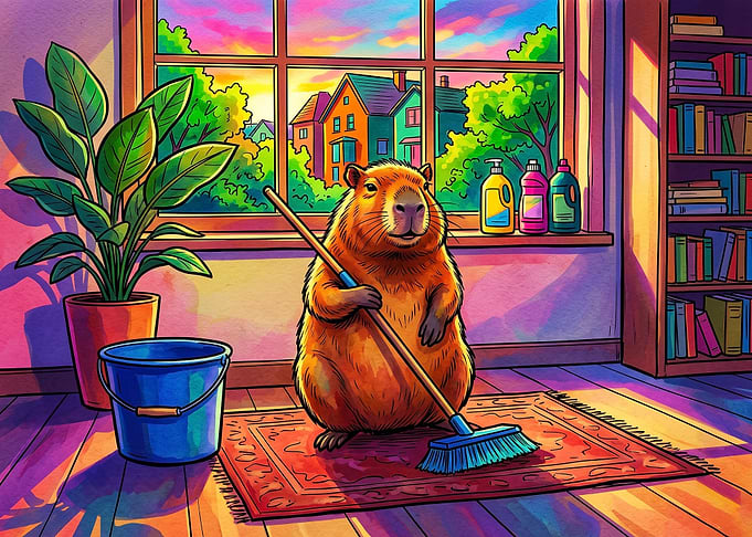 Capybara Cleaning the Living Room