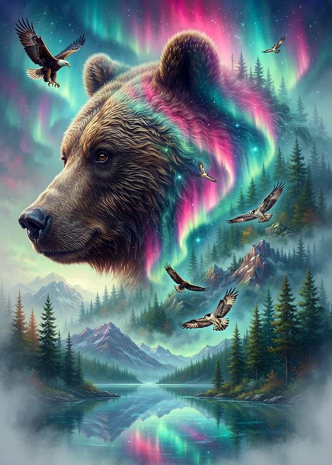 Majestic Bear and Eagles Northern Lights