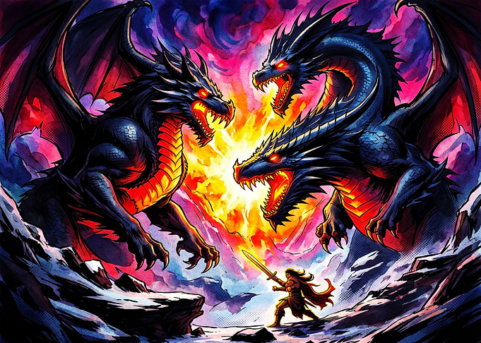Warrior Facing Two Fierce Dragons