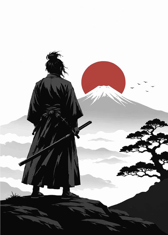 Samurai Standing Before Mount Fuji