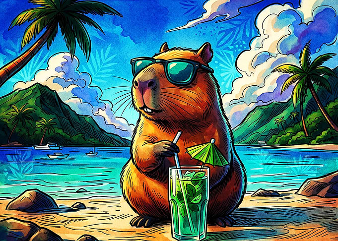 Cool Capybara Relaxing on Tropical Beach