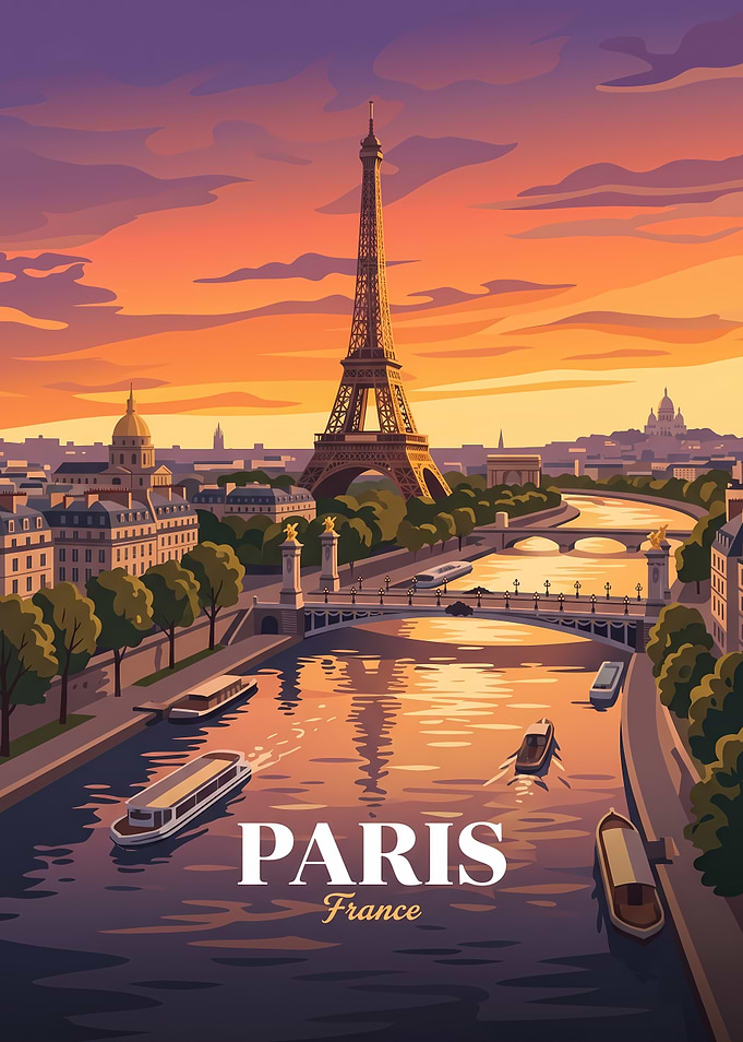 Paris France Eiffel Tower Sunset Poster