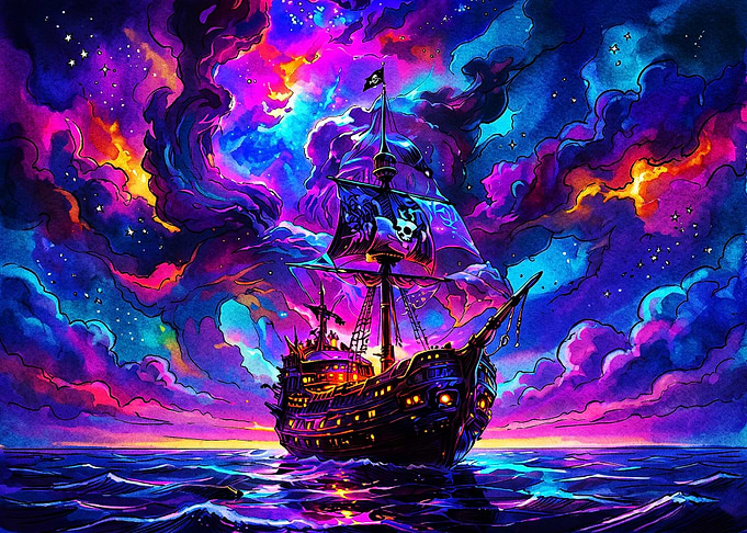 Neon Pirate Ship Under Cosmic Sky