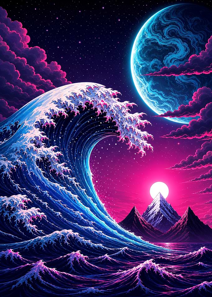 Synthwave Great Wave Cosmic Ocean