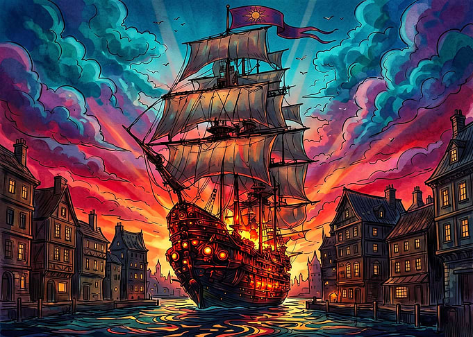 Galleon Sailing Through Medieval City Canal