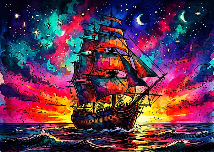 Vibrant Cosmic Sailing Ship