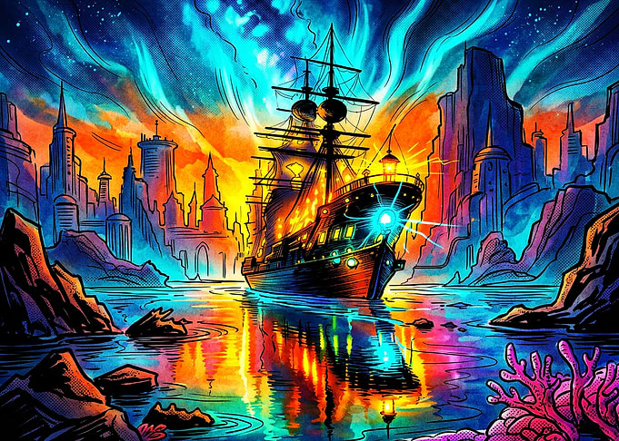 Neon Fantasy Ship in Magical Harbor