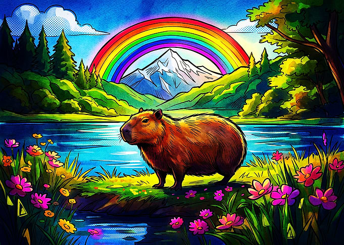 Capybara in a Vibrant Rainbow Landscape