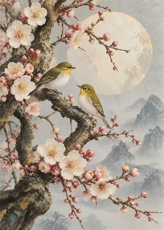 Two Birds on Flowering Plum Branch