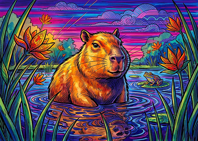 Psychedelic Capybara in Vibrant Pond