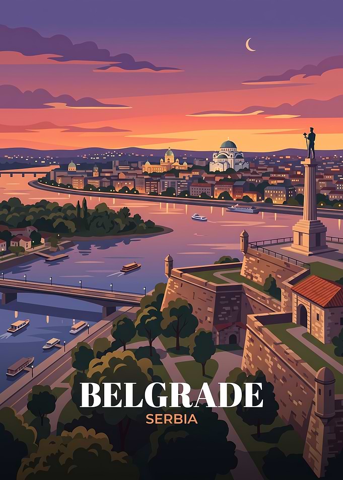 Belgrade Serbia Sunset Travel Poster