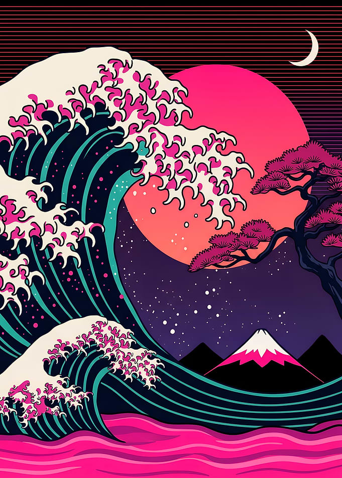 Synthwave Great Wave of Kanagawa Japanese Art