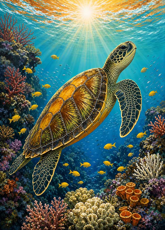 Sea Turtle Swimming in Coral Reef