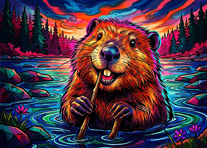 Psychedelic Colorful Beaver in Nature