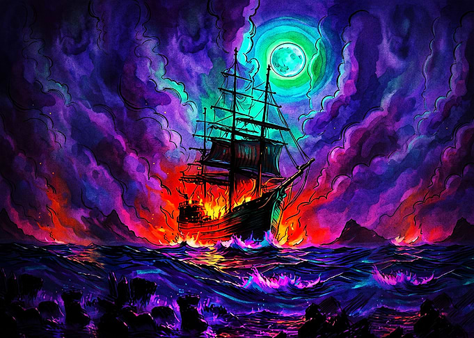 Burning Ship Under Neon Moon