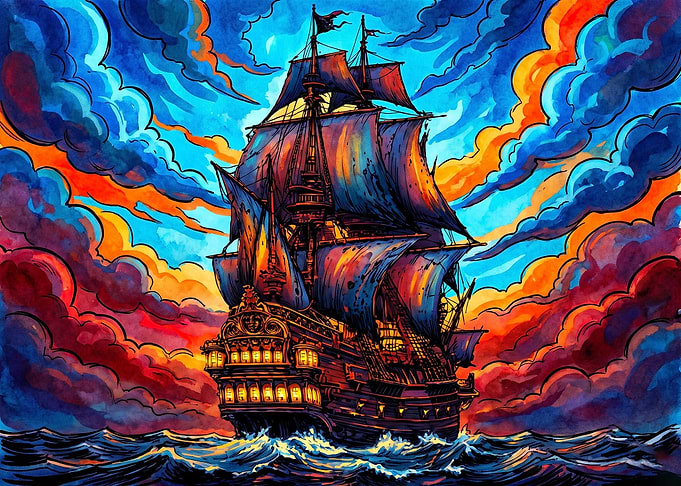 Vibrant Galleon Sailing at Sunset