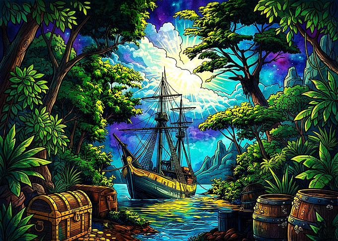 Pirate Ship in Tropical Jungle Lagoon