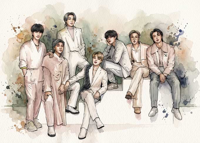 Watercolor Illustration of BTS Members