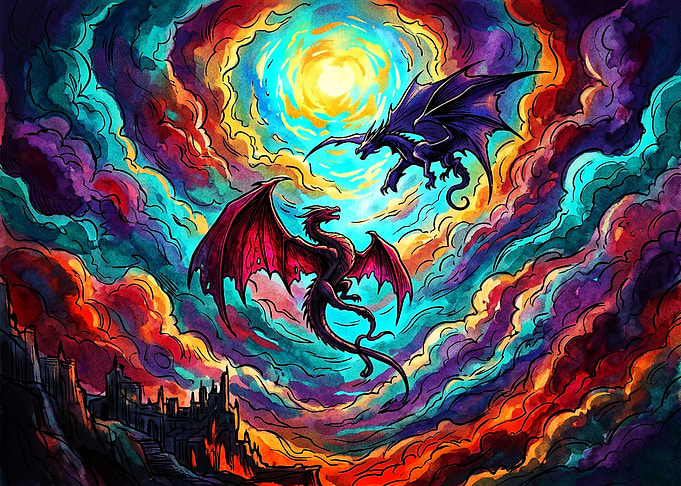 Two Dragons Soaring in Colorful Skies