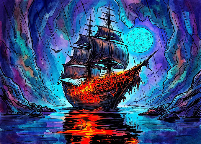 Burning Pirate Ship in Moonlit Cave