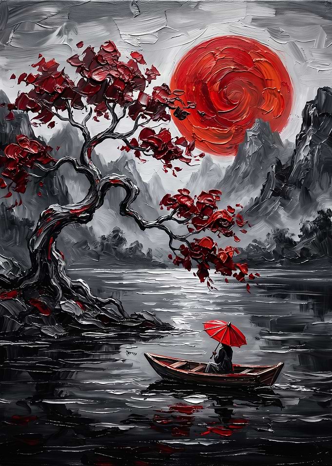 Red Sun and Boat Oil Painting