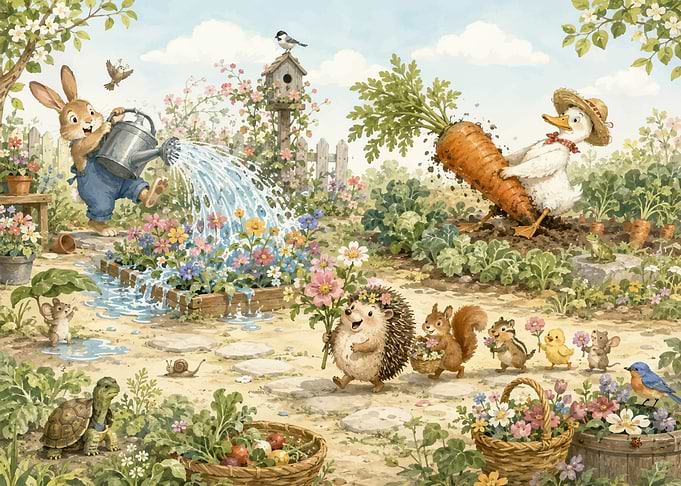 Whimsical Woodland Animals Gardening Scene