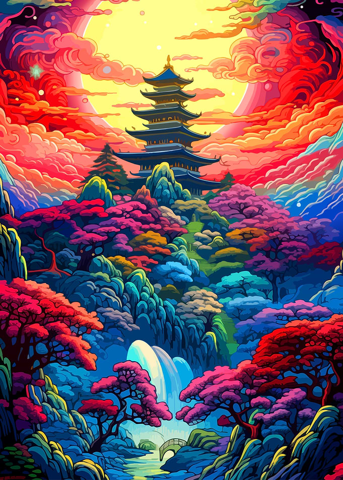 Vibrant Psychedelic Japanese Pagoda Landscape
