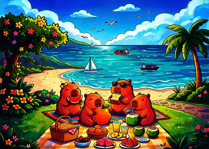 Capybaras Having a Tropical Beach Picnic