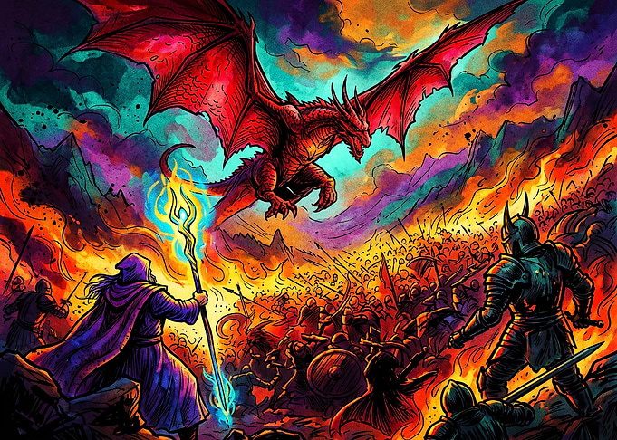 Epic Fantasy Dragon Battle Scene