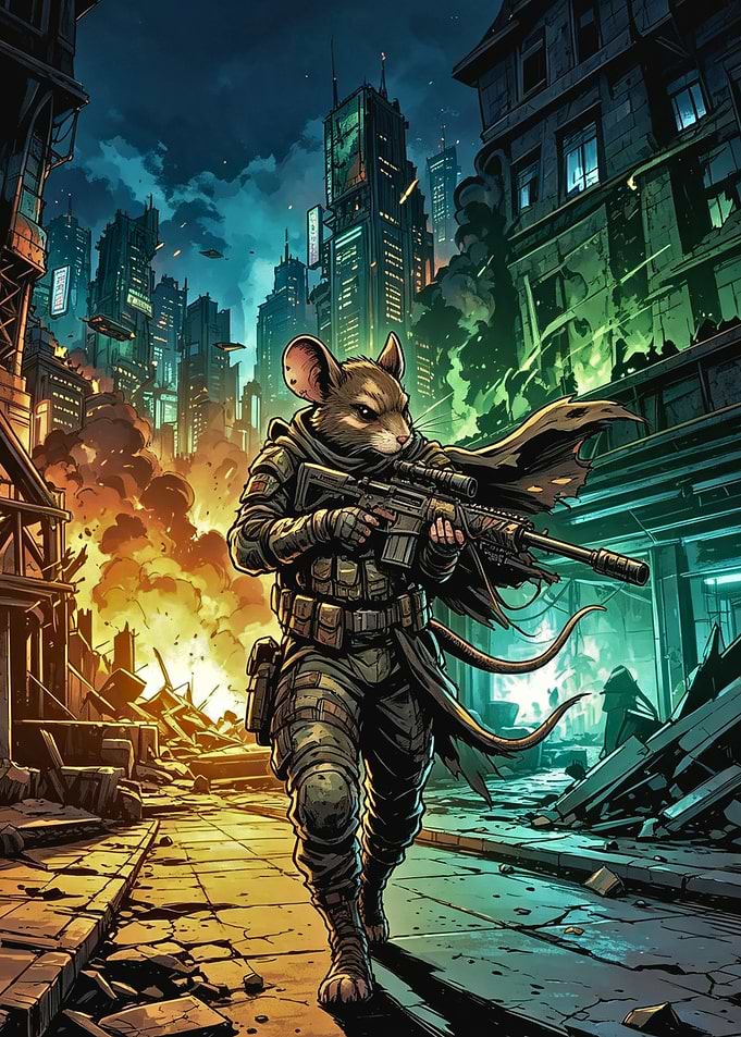 Armed Mouse Soldier in Ruined City