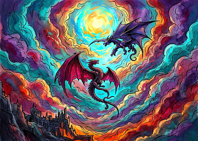 Two Dragons Soaring in Vibrant Skies