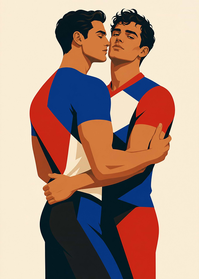 Two Men Embracing in Geometric Sportswear