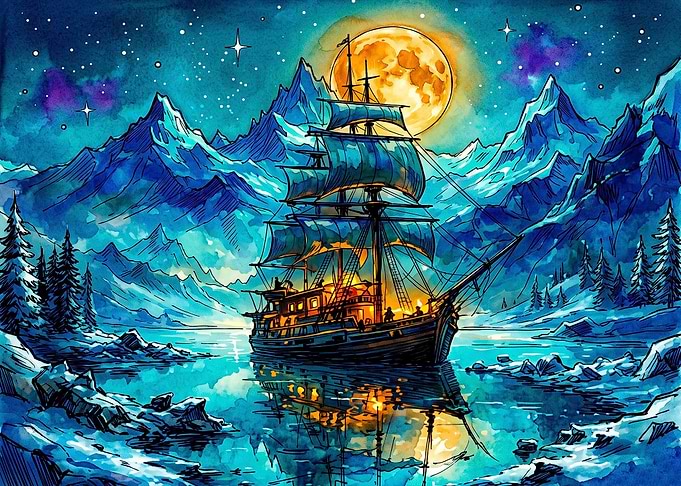 Sailing Ship Under Full Moon