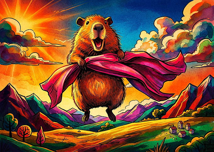 Superhero Capybara Flying Over Landscape