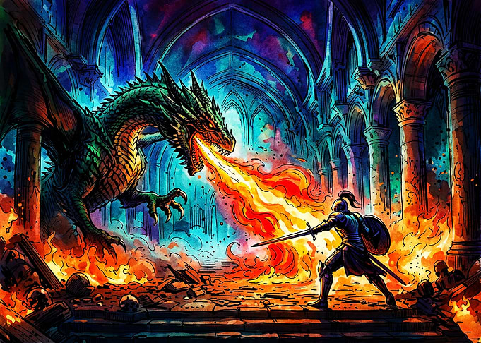 Knight Battling Fire-Breathing Dragon