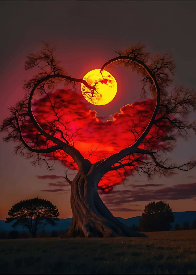 Heart Shaped Tree Under Full Moon