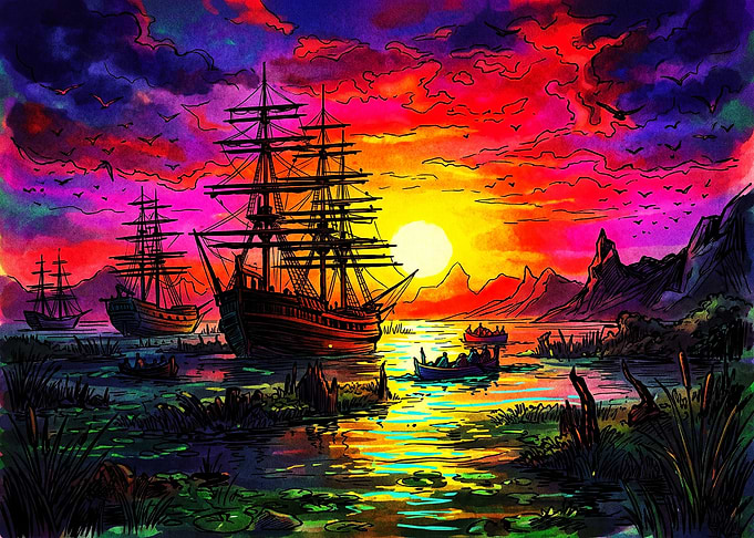 Vibrant Sunset Sailing Ships Illustration
