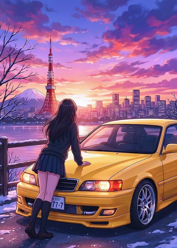 Anime Girl with Yellow JDM Car