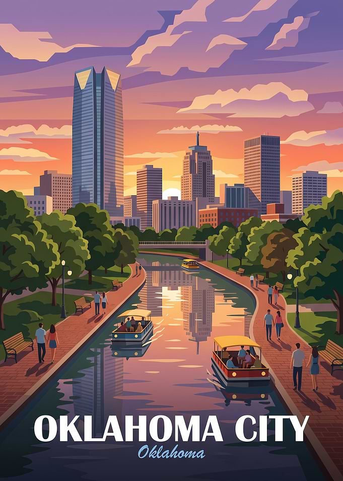 Oklahoma City Canal Sunset Travel Poster