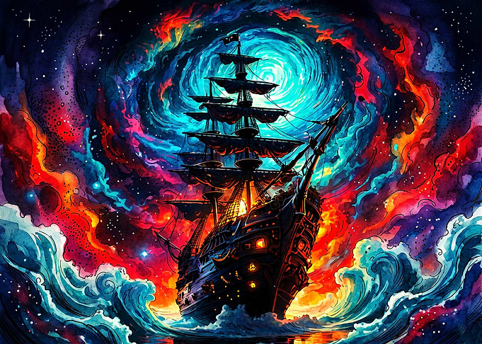 Cosmic Pirate Ship on Stormy Seas