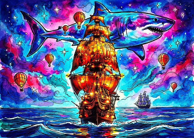 Surreal Cosmic Shark and Galleon