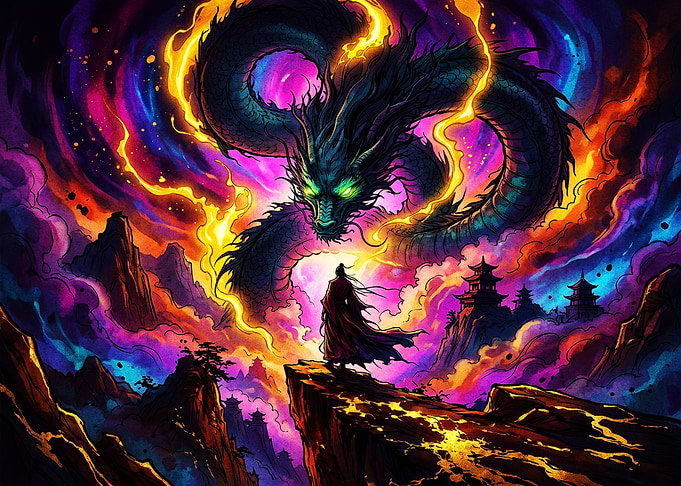 Warrior Facing a Cosmic Dragon