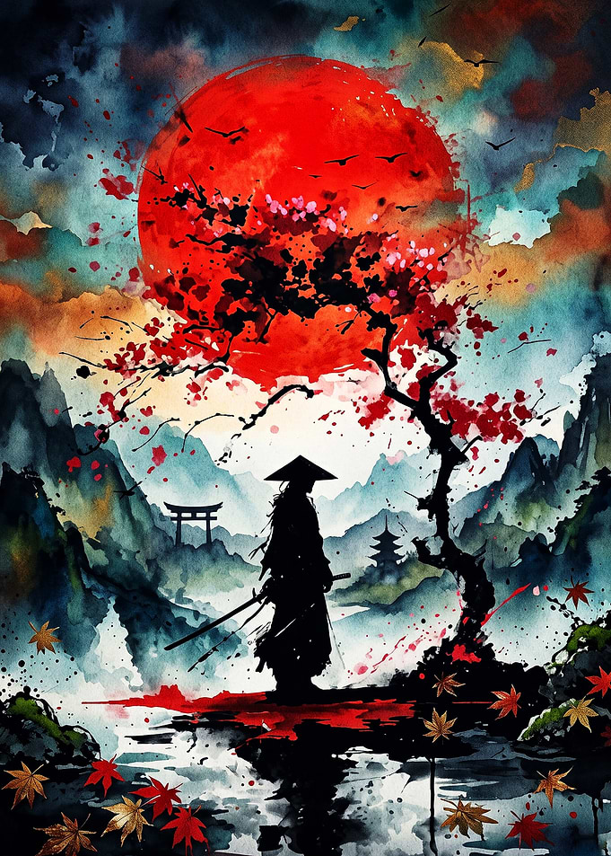 Samurai Silhouette Under Red Sun