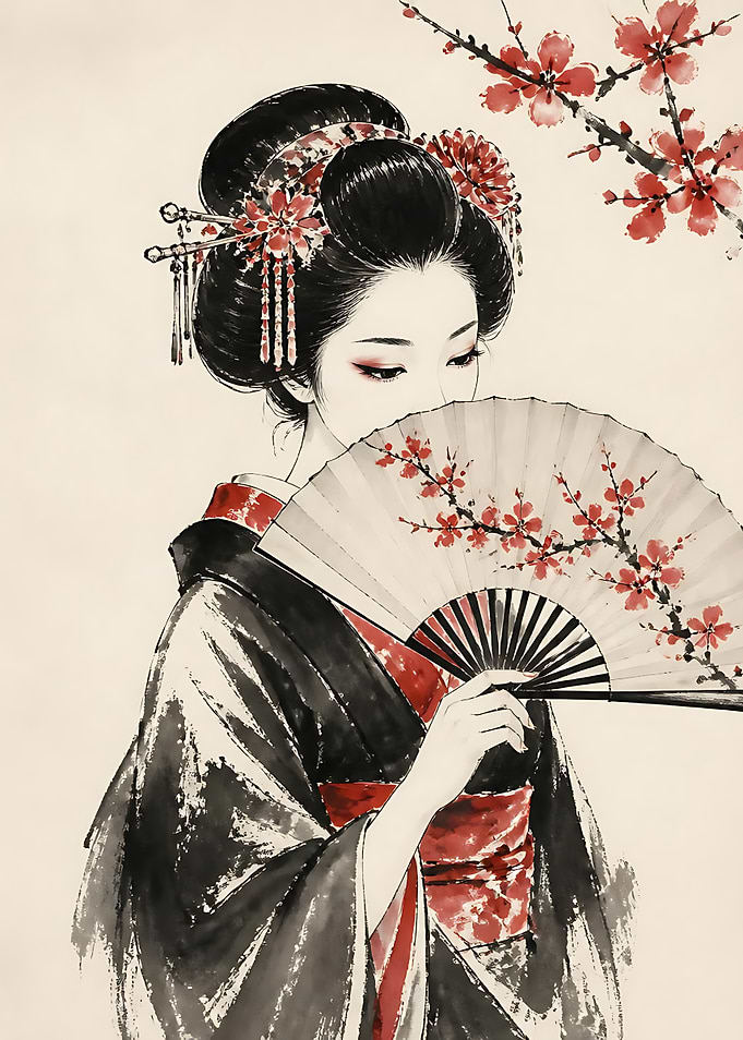 Elegant Geisha with Floral Fan