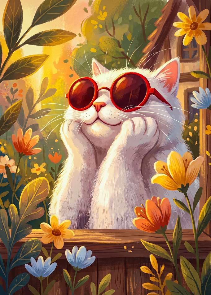 Cute White Cat Wearing Red Sunglasses