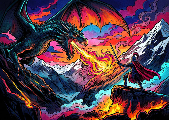 Knight Fighting a Fire-Breathing Dragon