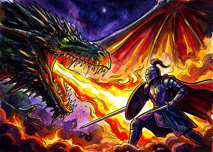 Knight Battling a Fire-Breathing Dragon