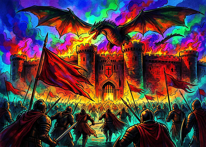 Dragon Attacking Medieval Castle Siege