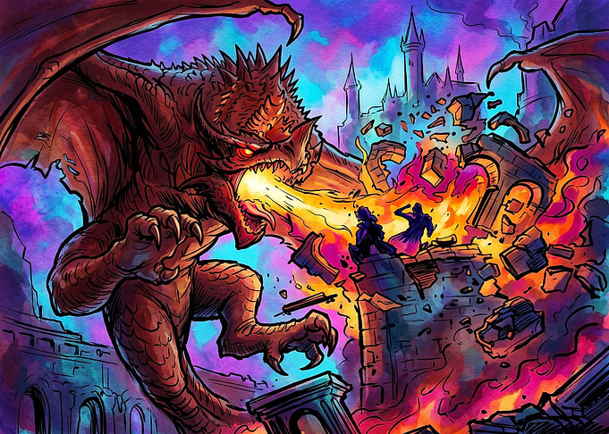 Dragon Attacking Castle Ruins