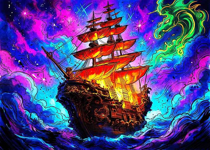 Psychedelic Fantasy Ship in Cosmic Sea